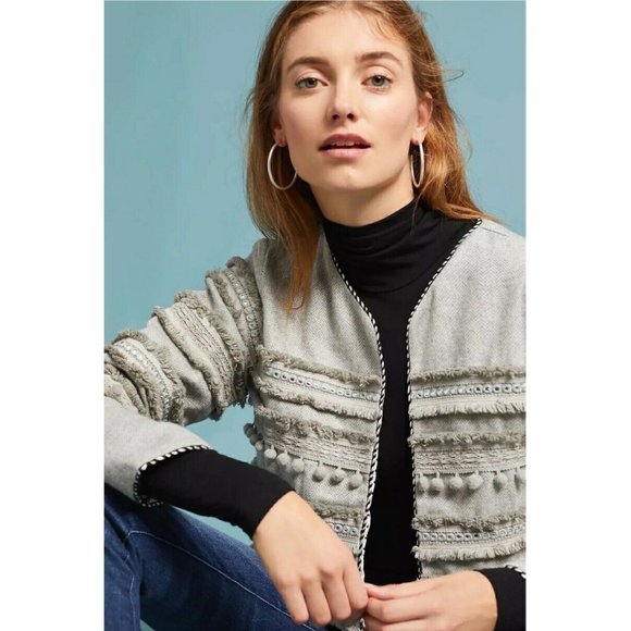 Harlyn Anthropologie Cropped Open Front Jacket Medium Annapolis Pom Pom NWT - Picture 2 of 16